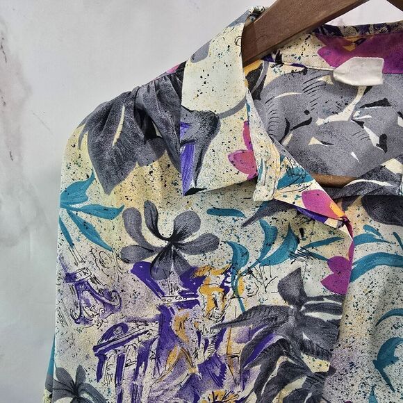 Vintage Blouse Womens Large 80s 90s Purple Blue Floral Long Sleeve Button Artsy - Picture 2 of 11